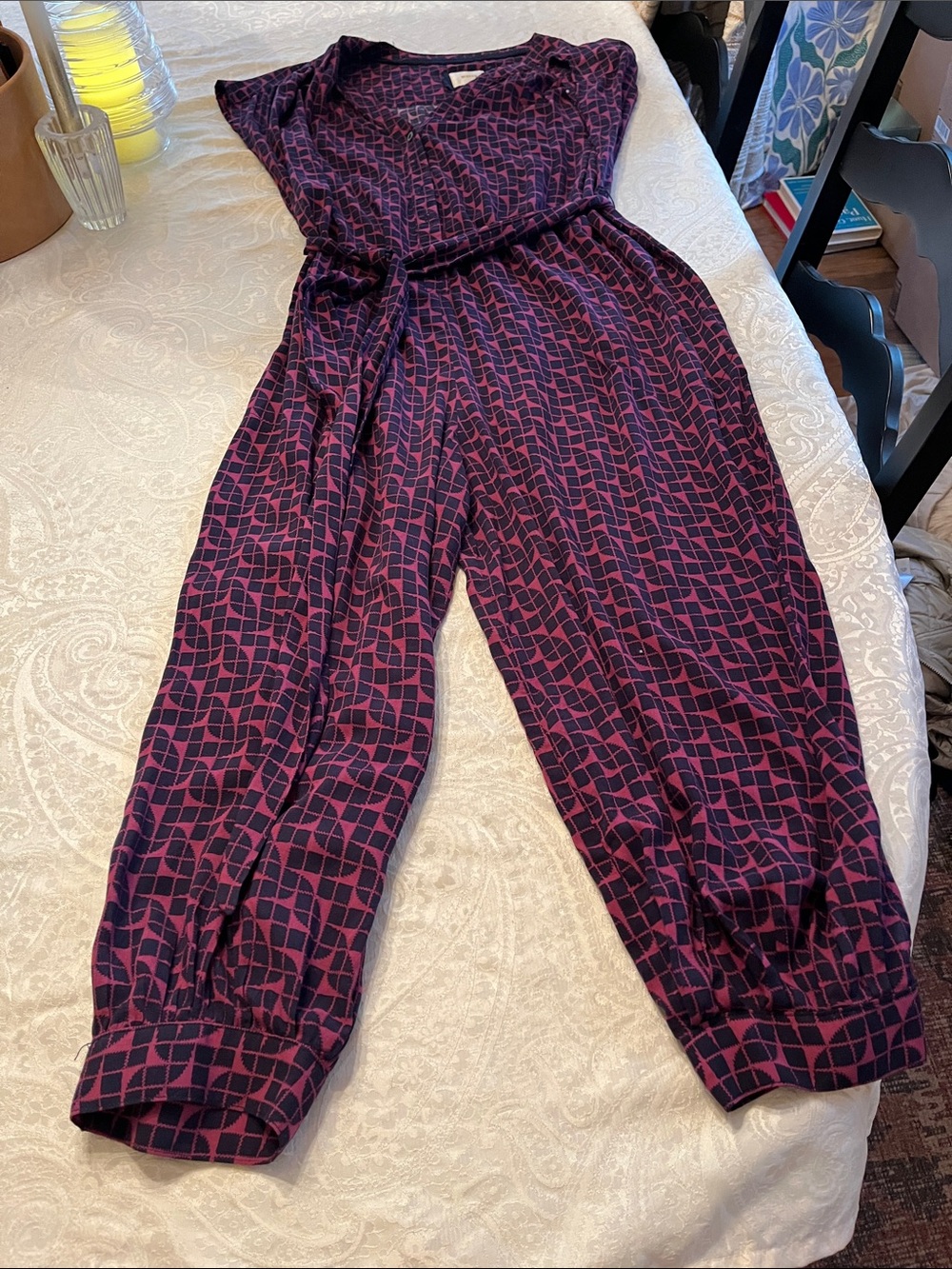 Anthropologie Maeve Karsten harem jumpsuit medium geometric pattern with a belt.